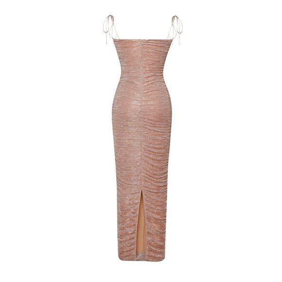 The Glint Rose Gold Ruched Chiffon Long Maxi Dress - Picture 6 of 8